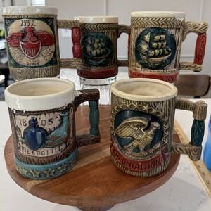 Napcoware Lot 5 Ceramic Mugs Inn's /Birds Nautical Vintage Japan 60's-70's